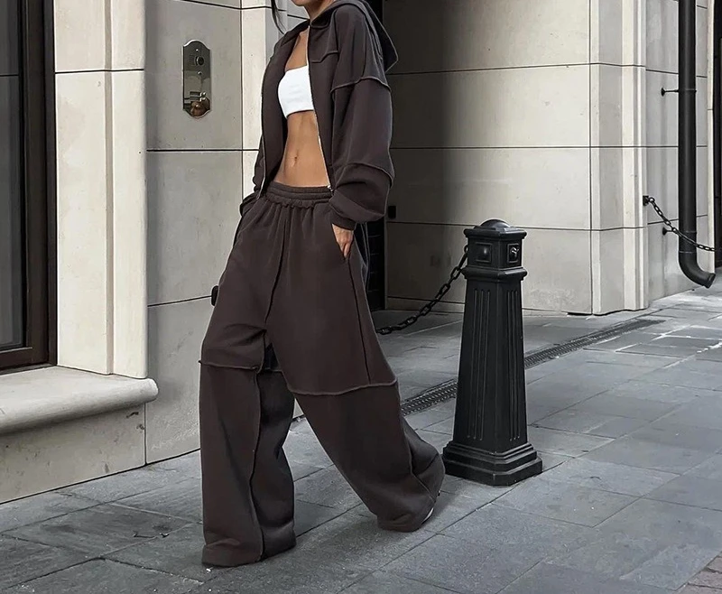 2025 الخريف والشتاء الرياضة الرياح مقنعين سحاب أكمام طويلة معطف بنطلون غير رسمي بدلة نسائية