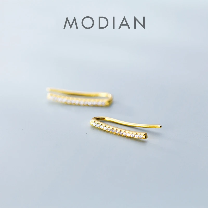 Modian Shiny Zircon U Shape Stud Earring dla kobiet Autentyczne srebro próby 925 w kolorze złotym Geometryczna szpilka do uszu Biżuteria modowa