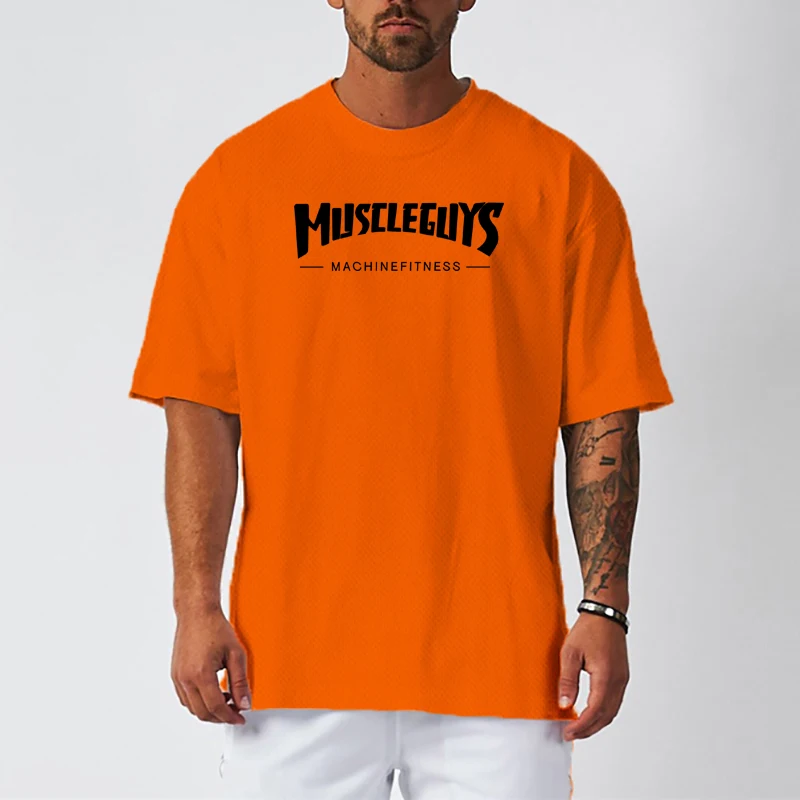 Oversized Loose Dropped Shoulder Running T-shirts Men Casual Half Sleeve Workout Tops Summer Mesh Quick Dry Gym Fitness T Shirt
