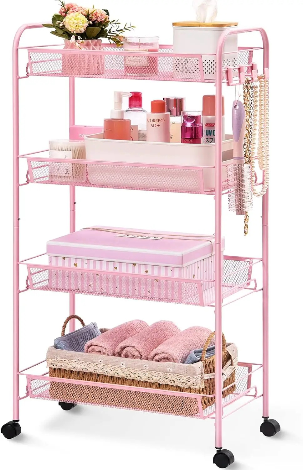

4 Tier Rolling Utility Cart - Durable Metal Design Pink Utility Cart, Storage Trolley on Wheels with 3 Hooks, Perfect fo