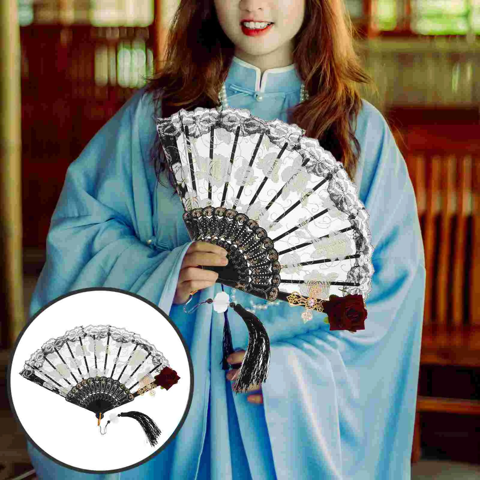 Dark European Style Rose Folding Fan Bride Hand Held Foldable Lace Plastic Fans for Tea Party