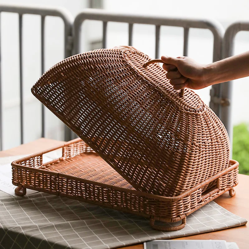 Retro Imitation Rattan Meal Cover Square Dining Table Cover Food Cover Fly-Proof Cover Hotel Snack Plate with Lid Breakfast Cover Fruit Basket Round Snack Basket Rattan with Lid Storage Basket Jewelry Cosmetics Toy Storage Box Imitation Rattan Woven