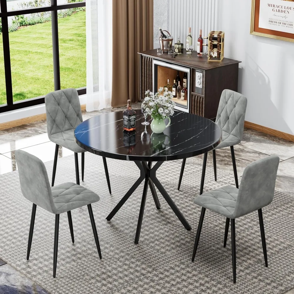 Suitable for 4 People, 39 Inch Round Kitchen Dining Table Set, Equipped with 4 Soft Velvet Chairs, Saving Space