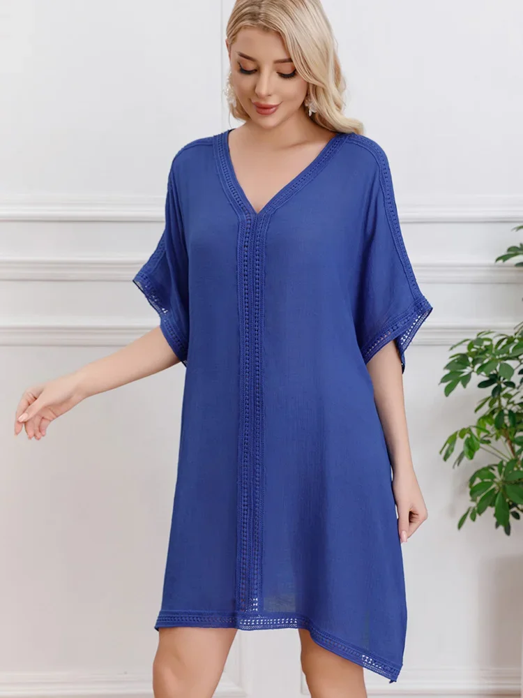 2025 new Thin Beach Cover-Ups Women Bikini Cover Up V Neck Solid Loose Beach Dress Summer Vacation Fashion Female Beachwear