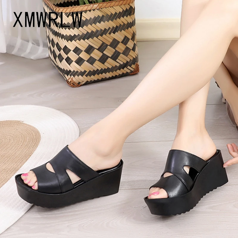 

XMWRLW Women's Slippers 2022 Summer Leather Fashion High Heels Ladies Shoes Women Summer Slippers Non-Slip Shoes Plus Size 41