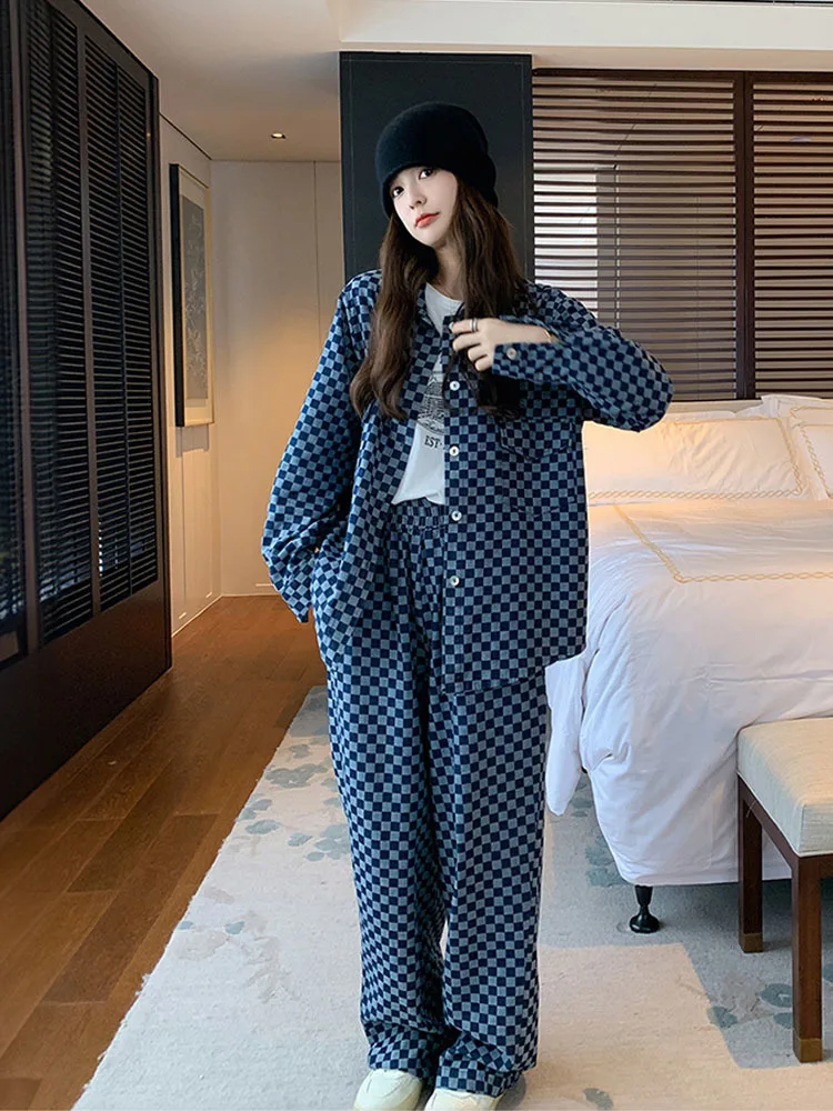 Checkered loose casual denim Jacket suit fashion set for women\'s autumn 2024 new high-end wide leg pants two-piece set