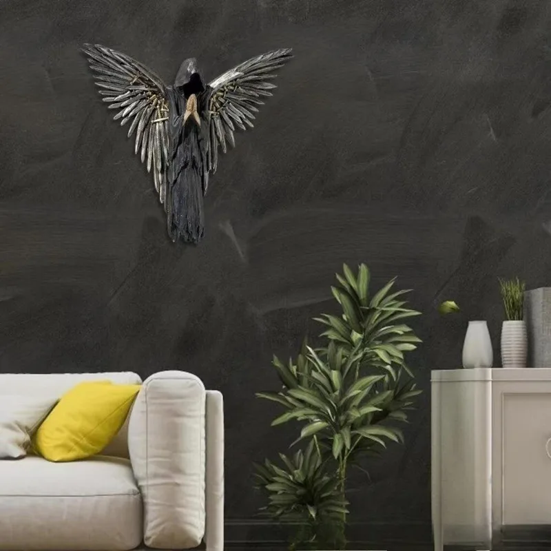 جديد الروح الأسود الجناح الملاك النحت الراتنج الحرفية وسيم كول قلادة جدار المنزل هالوين الديكور حفلة عيد ميلاد #2