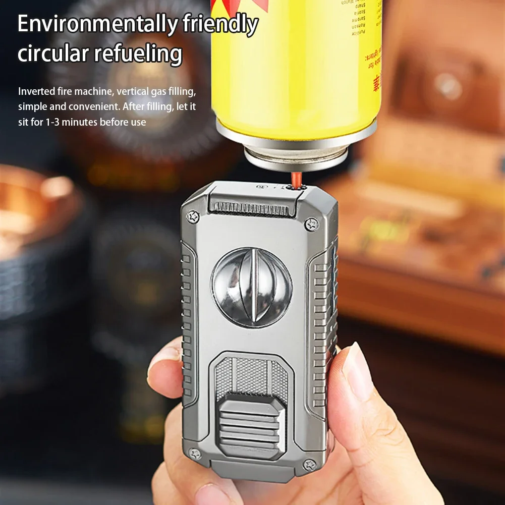 5 in 1 Triple Jet-Flame Torches Lighter with V Cutter Multipurpose Adjustables Butane Lighters Present for Men