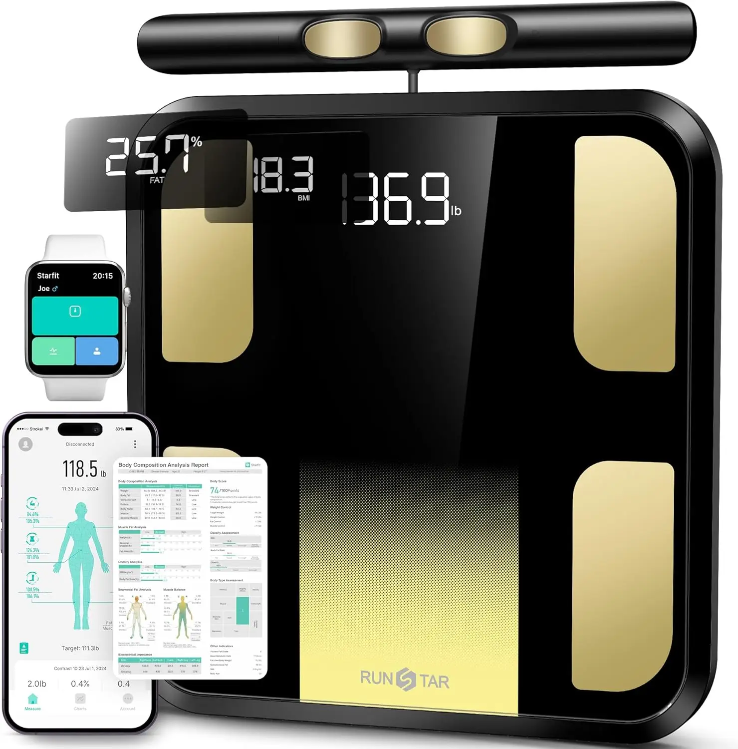 

Smart Body Scale with 8 Electrodes, Measures BMI & Muscle Mass, High-Accuracy Monitor with App Connectivity