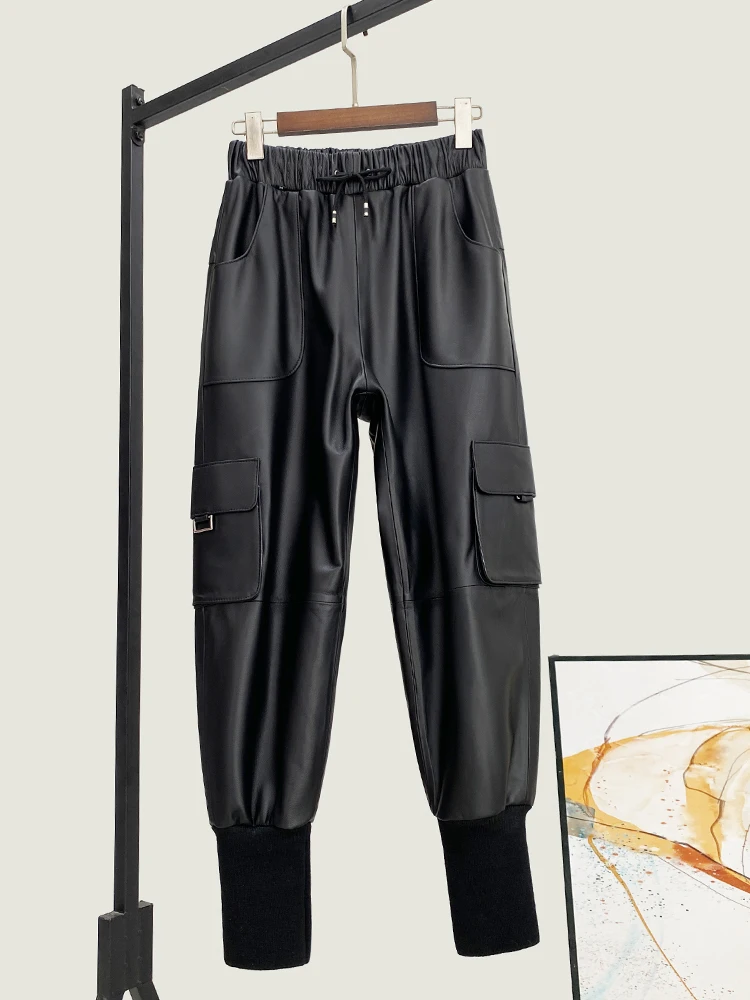

Winter New High Quality Genuine Real Leather Pants Women's Waist All-Matching Cropped Loose Cargo Ankle-Tied Trousers
