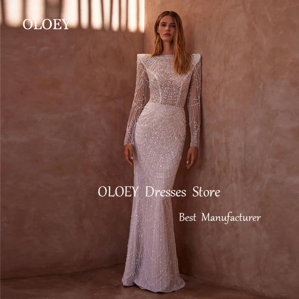 

OLOEY 2025 Luxury Beads Wedding Dress Full Sleeves Boat Neck Mermaid Bridal Gown Floor Length Back Slit Custom Made