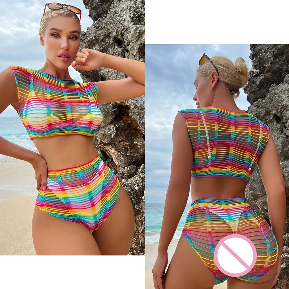 Body con spalline arcobaleno Body sexy a costine senza schienale Pagliaccetto string femme sexy Canotta senza maniche Body con guanti Body femminile