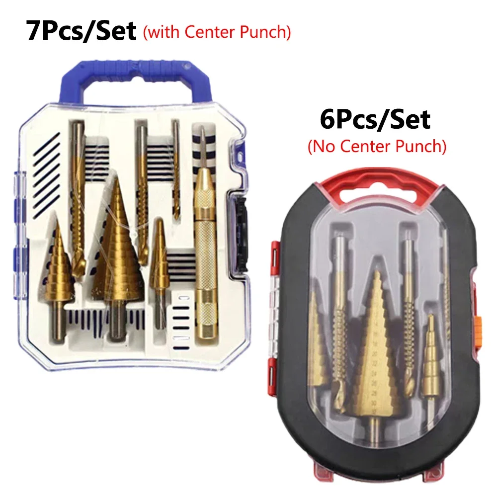 Step Drill Bit Saw Set, Aço Titânio, Slotted Pagoda,Sawtooth Drills, Ferramenta para trabalhar madeira, Kit de perfuração serrilhada, 6/7Pcs,4-12mm,20mm,32mm