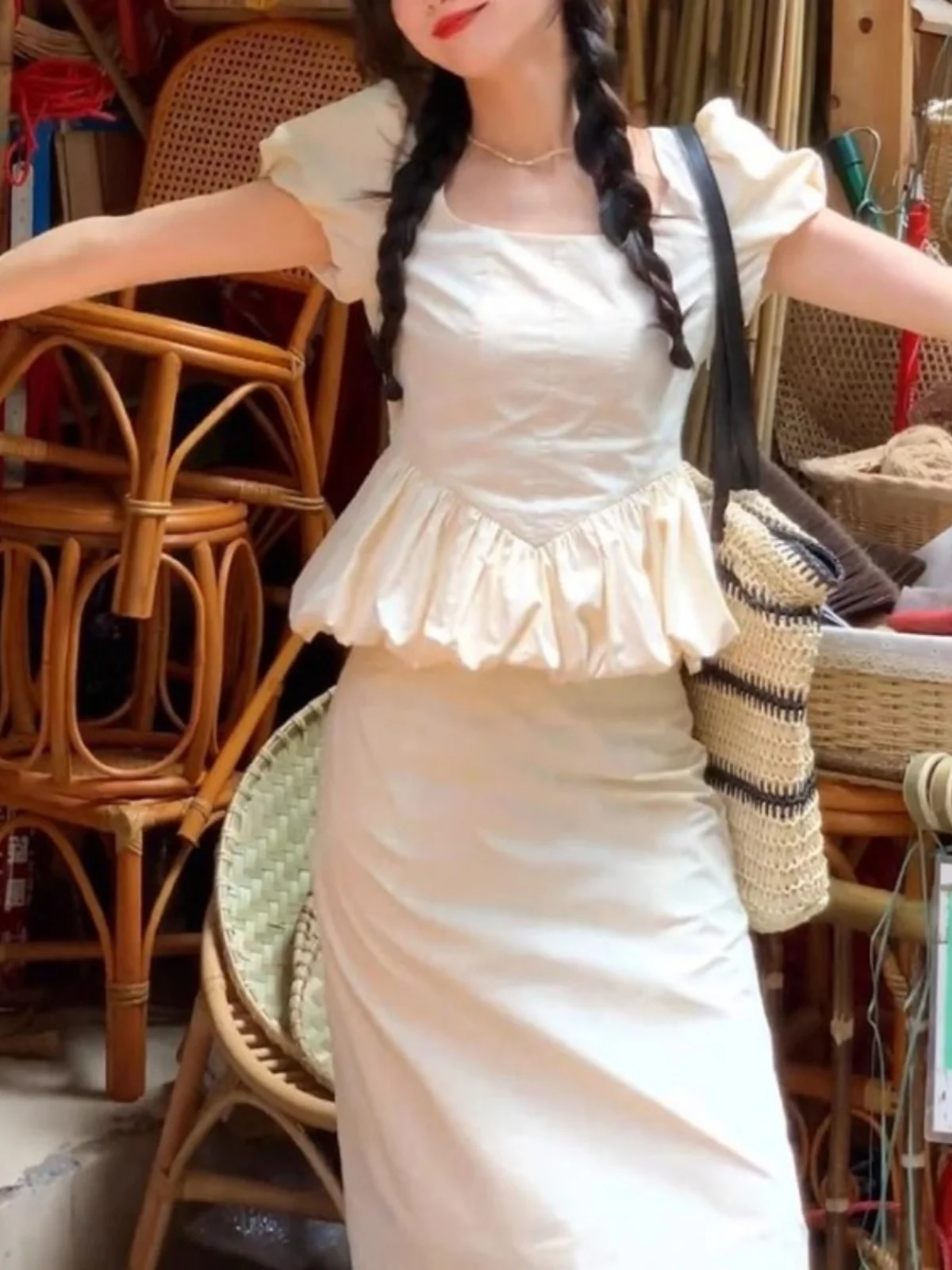 

Модный комплект из рубашки средней длины с рукавами-фонариками и юбки, женский летний наряд, полиэстер, короткий рукав, повседневный стиль