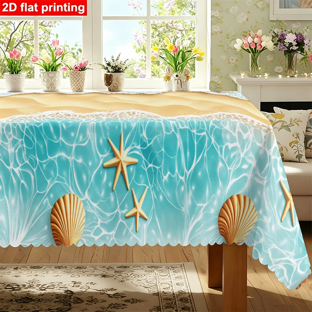 1PC Rectangular Tablecloth Featuring a Sand and Surf Design with Shells and Starfish, Made of Durable Polyester Fabric for Summe