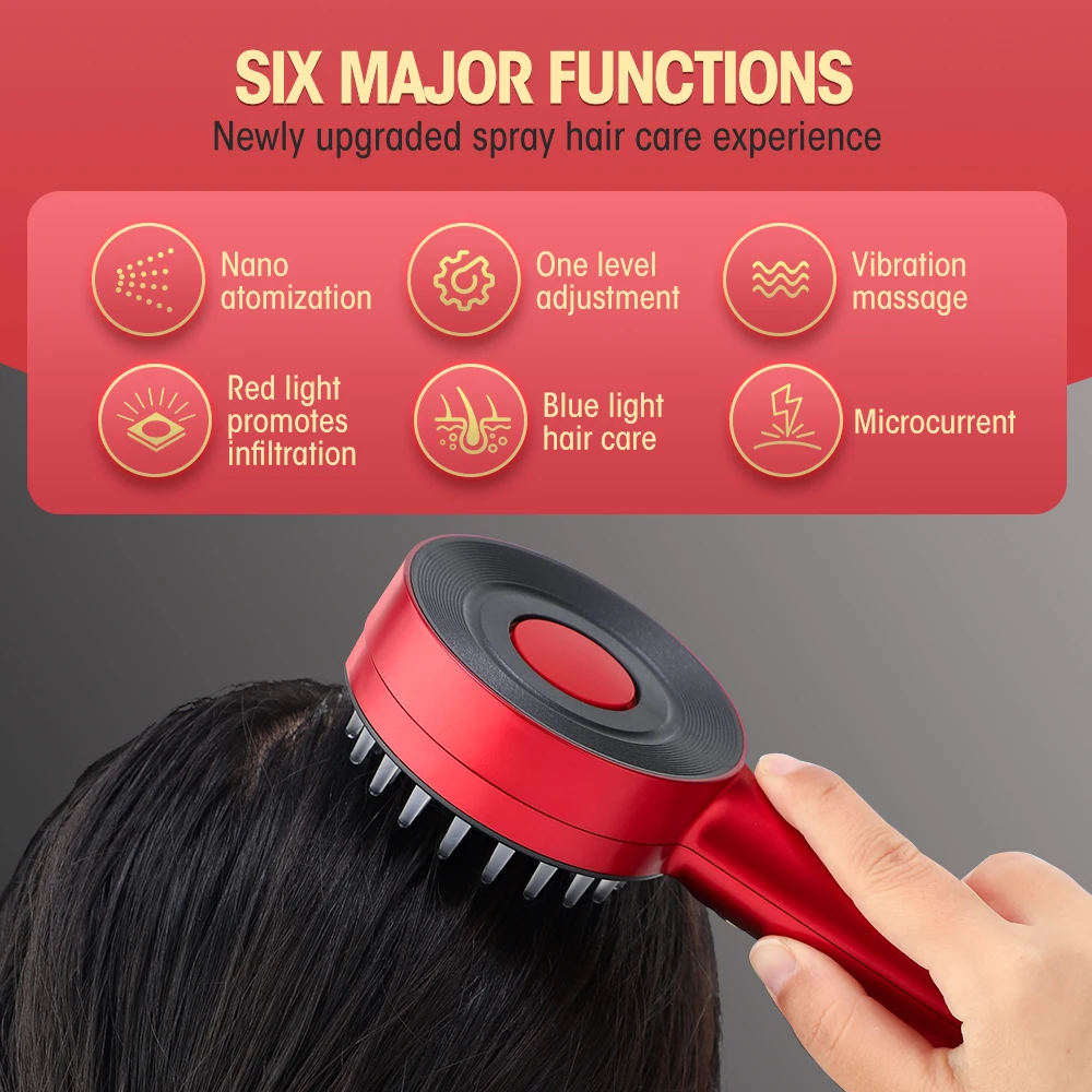 Nano Spray Electric Head Massage Comb Hair Growth Oil Liquid Applicator Blue Red Light Therapy Vibration Scalp Massager Brush