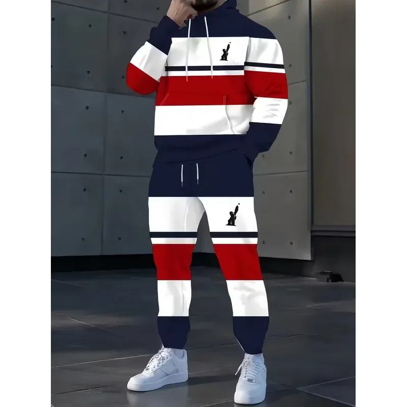 Casual Color‑Block Stripe Statue Of Liberty Print Hoodie Set Men Drawstring Hoodie Elastic Cuff Jogger Pants Suit