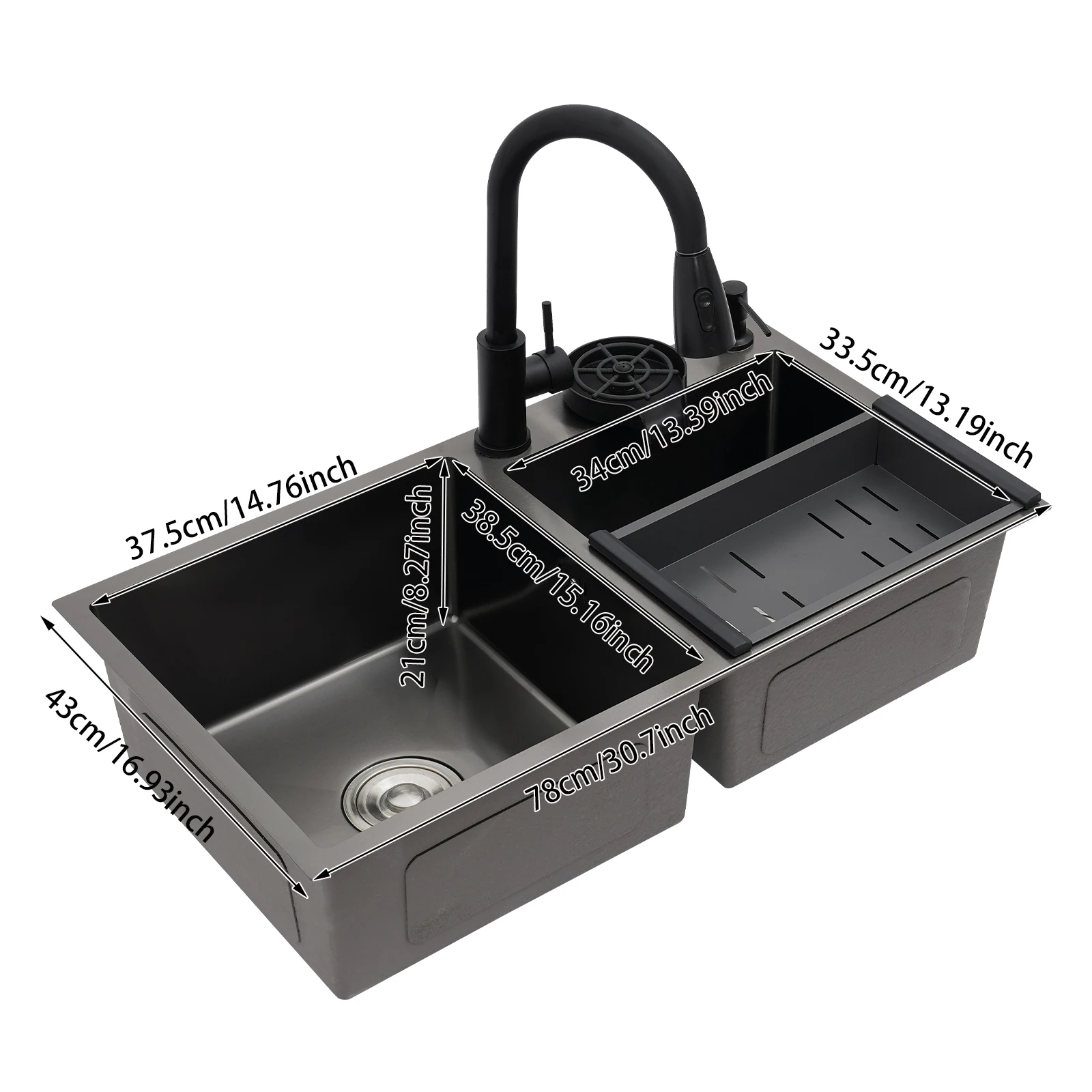 

Stainless Steel Kitchen Double Bowl Sink with Pull-out Faucet Draining Basket Cup Washer Soap Dispenser 78*43*21cm