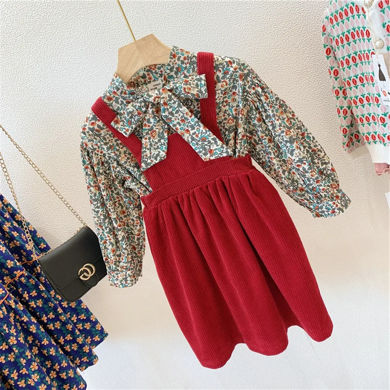 Girls' Floral Tie Top and Bright Vest Dress Set25Autumn New Fashion Foreign Trade Children's Clothing Wholesale3-8Years Old