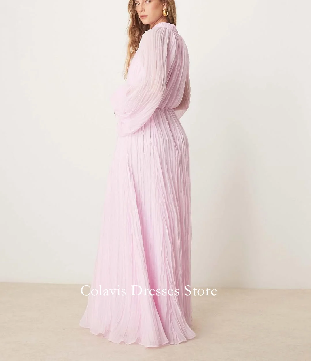 2025 Collo alto personalizzato Abiti da ballo rosa Abito da sera Pieghettato A-Line Maniche a sbuffo Abiti da sera da donna Abito da festa formale