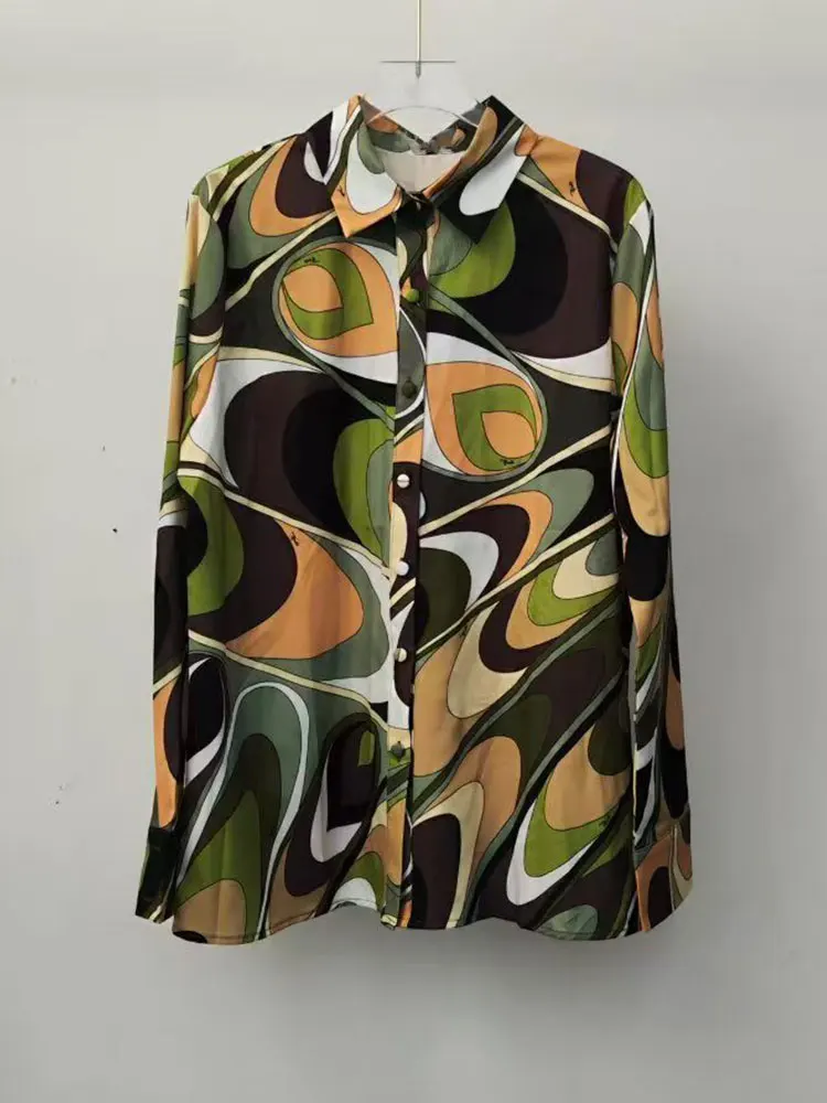 2026 Spring Women's New Lapel Single-breasted Long-sleeved Printed Shirt Two-piece+A-shaped Skirt Fashion Set with High Wa image 4
