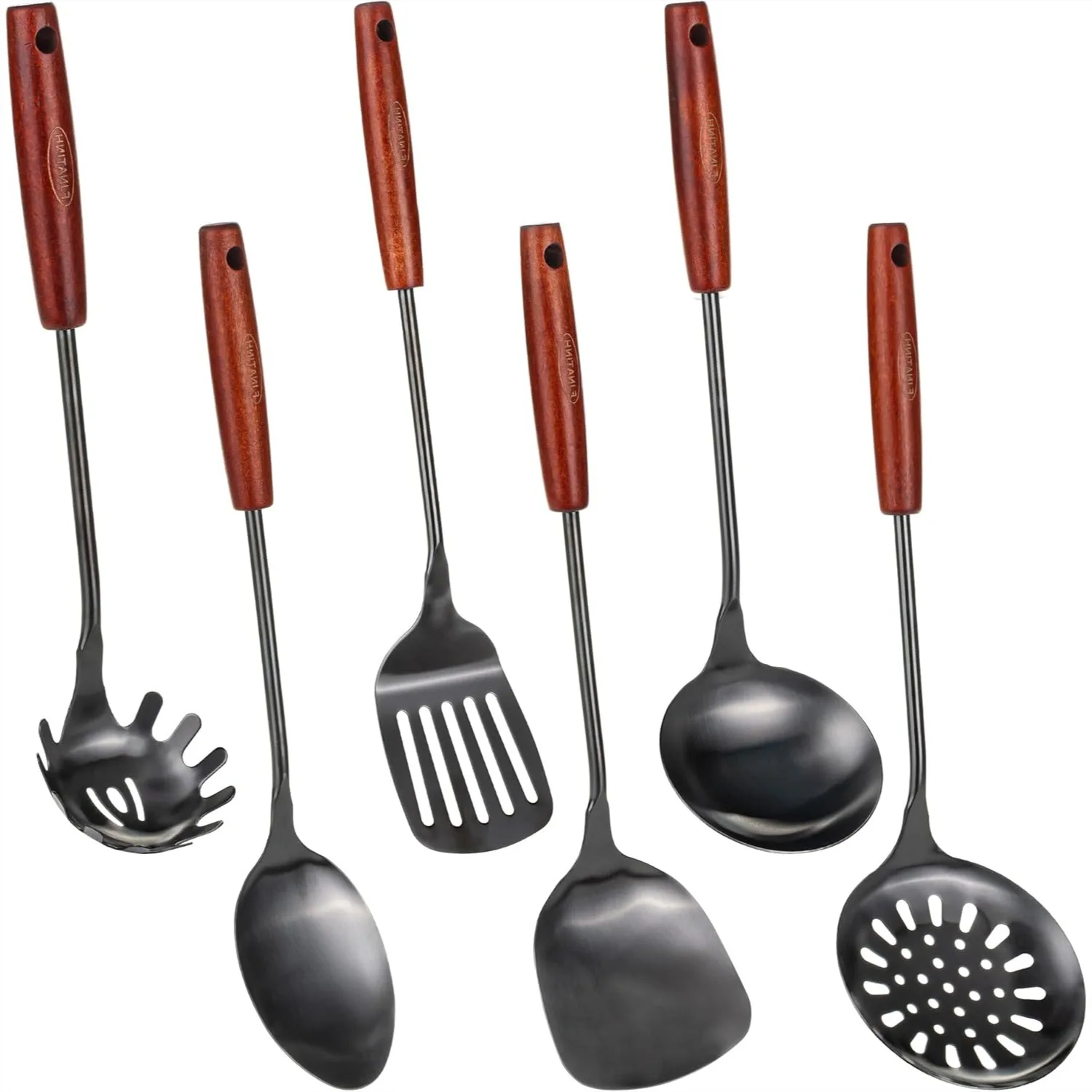 

6-Piece Stainless Steel Kitchen Utensil Set, Wok Spatula with Wood Handle, 14.2-15 Inch, Dishwasher Safe Cooking Tools