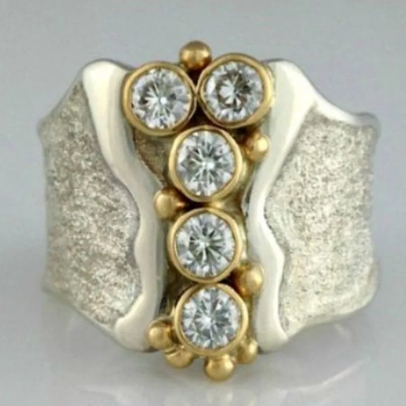 Vintage-Ring für Damen mit eingelegten weißen CZ-Steinen, ethnisch, zweifarbig, handgeschnitzt, für den täglichen Gebrauch, Partyschmuck, Jubiläumsgeschenk