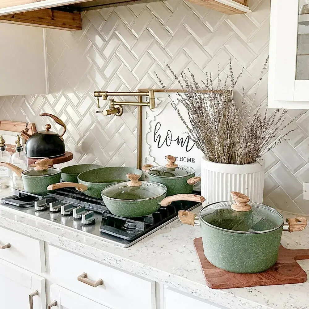 طقم أواني طهي للمطبخ مكون من 12 قطعة، طقم أواني ومقالي غير لاصقة من الجرانيت مع غطاء #3