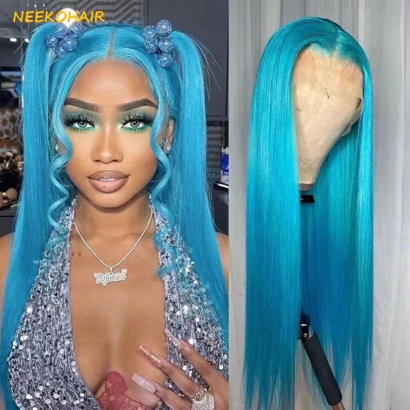 

Lake Blue Straight 13x6 HD Lace Frontal Human Hair Wigs Pre Plucked Sky Light Blue 13x4 Transparent Lace Front Wigs For Women