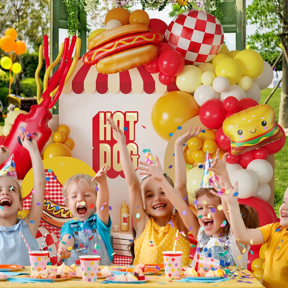 132Pcs Hot Dog Balloon Garland Kit Red Yellow Hamburger Foil Balloon BBQ Picnic Gender Reveal Baby Shower Birthday Party Decor view 3