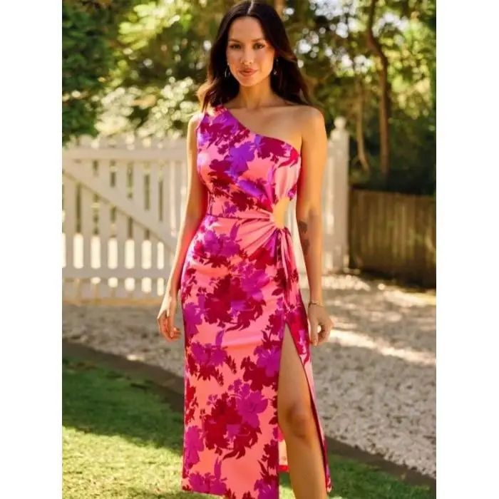 夏の新作レディーススリムドレースウエスト紐付き中空サイドスリットプリントストライプストレートカットポリエステル繊維