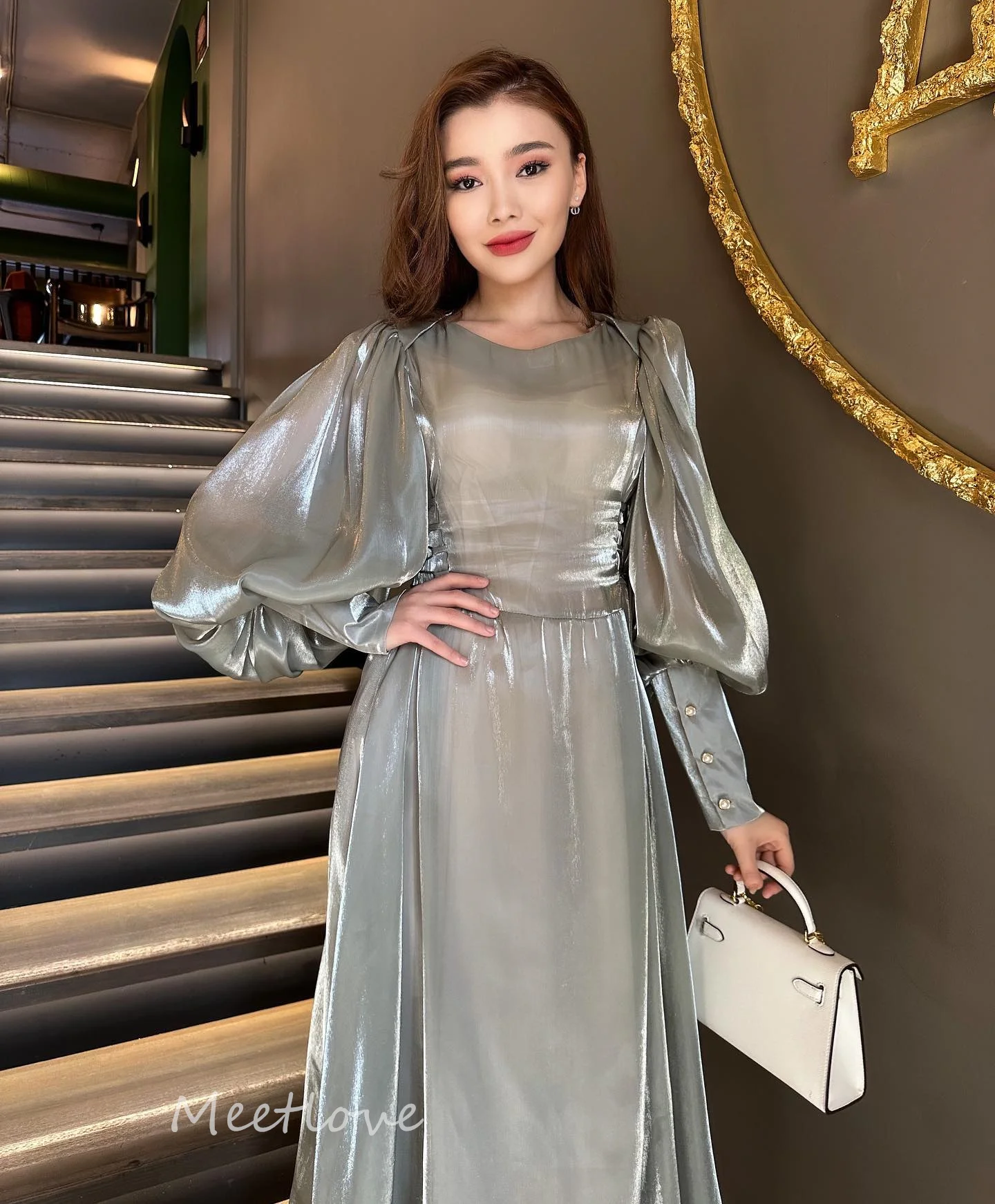 Elegant O Neck Prom Dress 2024 Long Sleeve Silk Crease Cocktail Dress Long Formal Evening Party Dress 2024 robes de soirée