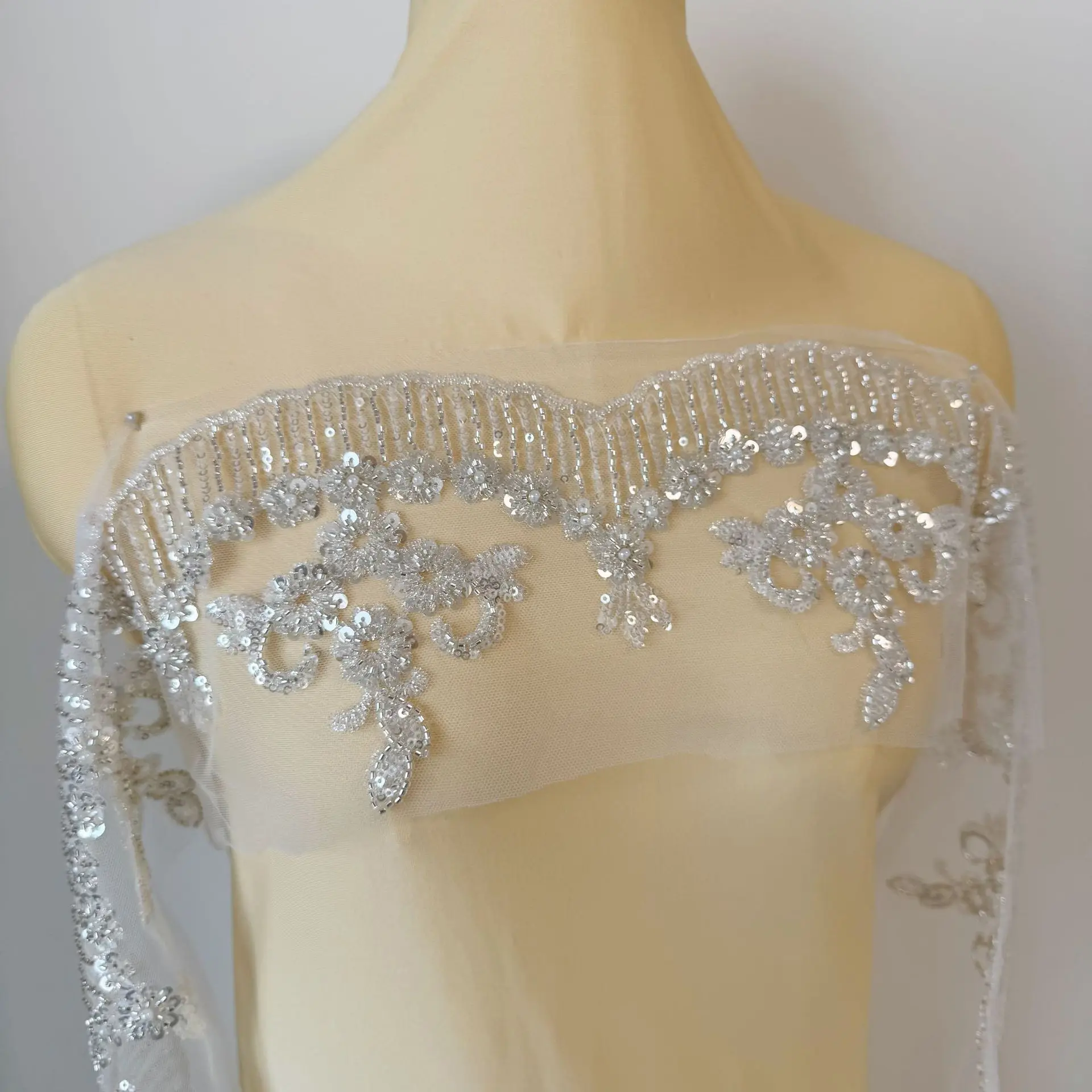 2Yard DIY 14cm wide machine-embroidered barcode seed beads silver white barcode sequin lace ribbon