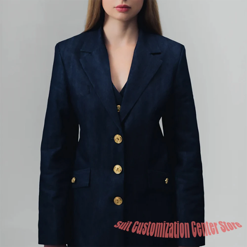 الأزرق الداكن الدنيم سترة نسائية السراويل مجموعات 3 قطعة دعوى واحدة الصدر الشق التلبيب السترة عادية اليومية الشارع الشهير مكتب سيدة مجموعة