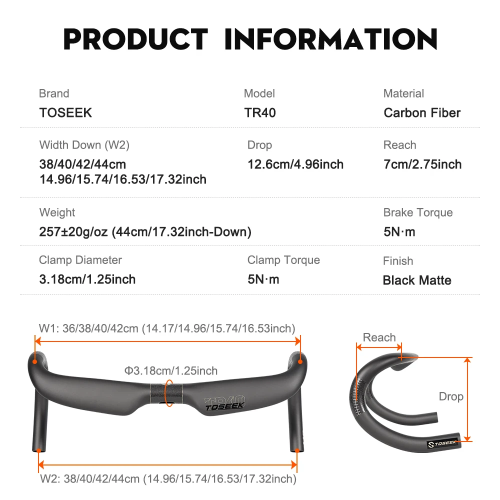 TOSEEK TR40 Carbon Road Bike Handlebar 380/400/420/440mm Matte UD Internal Routing Drop Bar Bicycle Parts