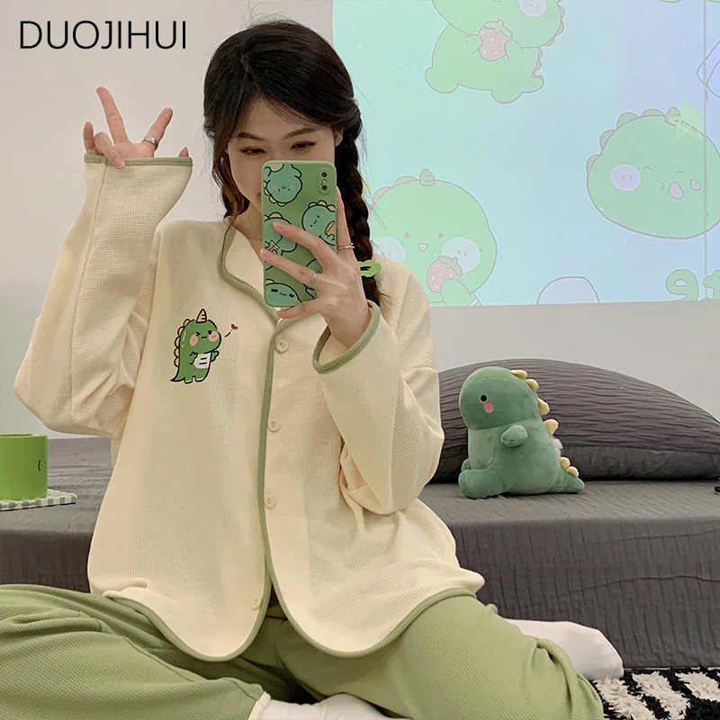 DUOJIHUI Spring Spell Color Two Piece Female Pajamas Sets Chic Button Cardigan Simple Pant Fashion Casual Home Pajamas for Women