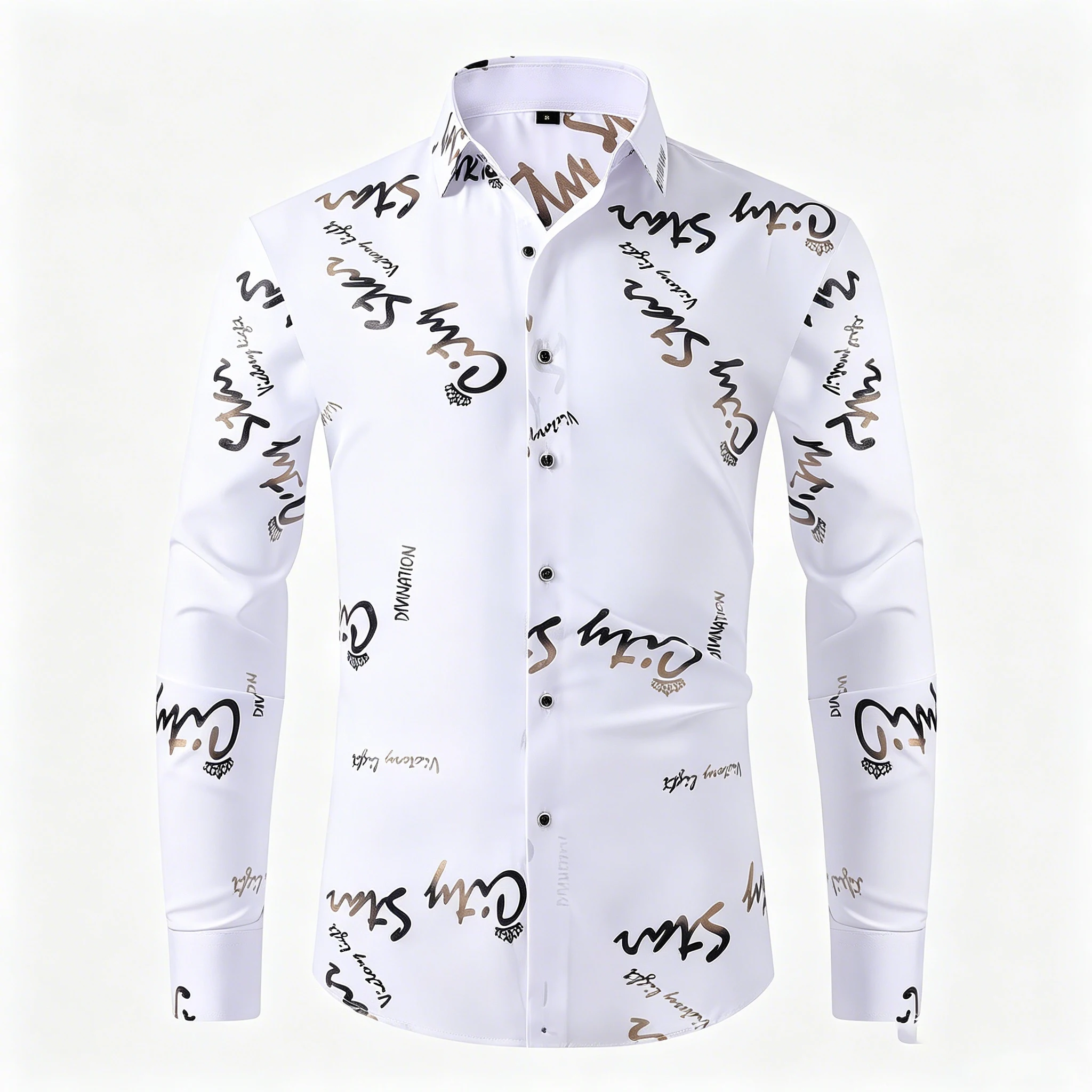 Men's English Graffiti Long-Sleeved Shirt, Trendy All-Over Letter Print Collared Shirt, Casual Stretch Versatile Top