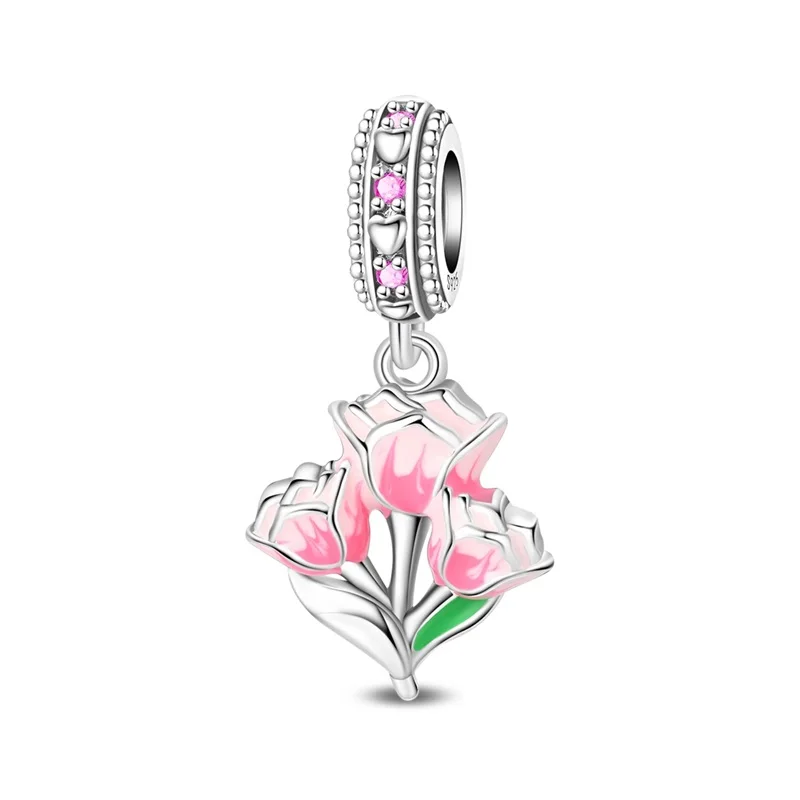 

925 Sterling Silver Romantic Flower Charm Beads Sparkling CZ Zircon Dangle Fit Original Bracelet DIY Women Jewelry