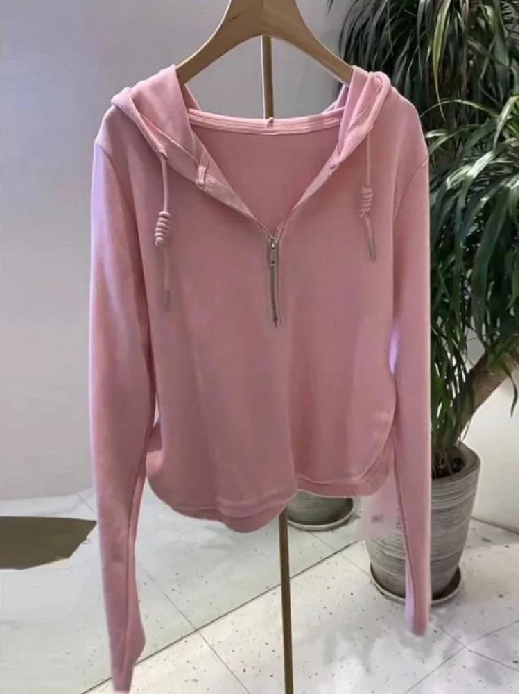 Sudadera deportiva con capucha para mujer, Top corto con cremallera completa, diseño básico, color rosa, blanco, 2000