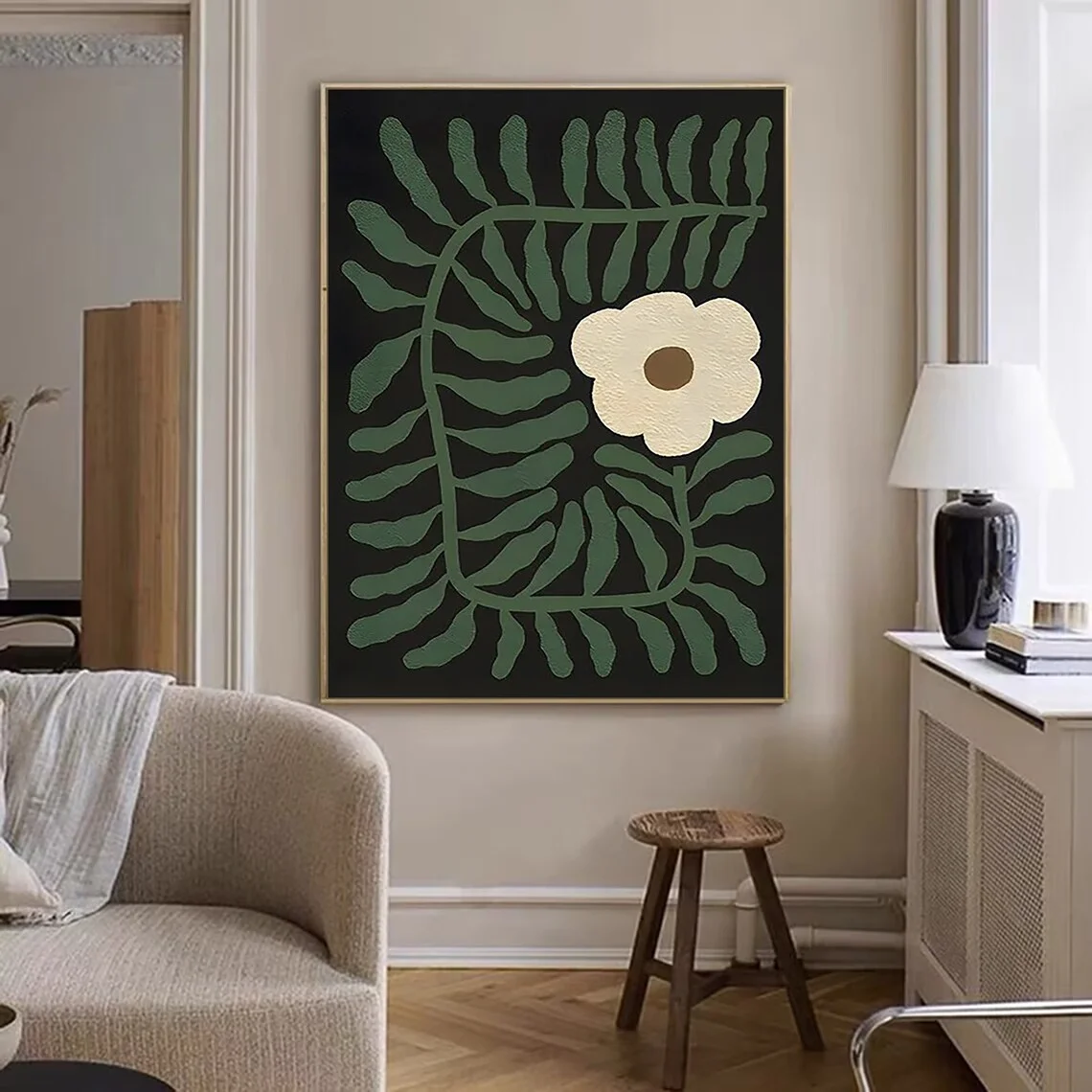 Large Green Minimalist Wall Art,Green White Textured Wall Art,Wabi-Sabi Oil Painting on Canvas,Green Abstract Painting,White Flo