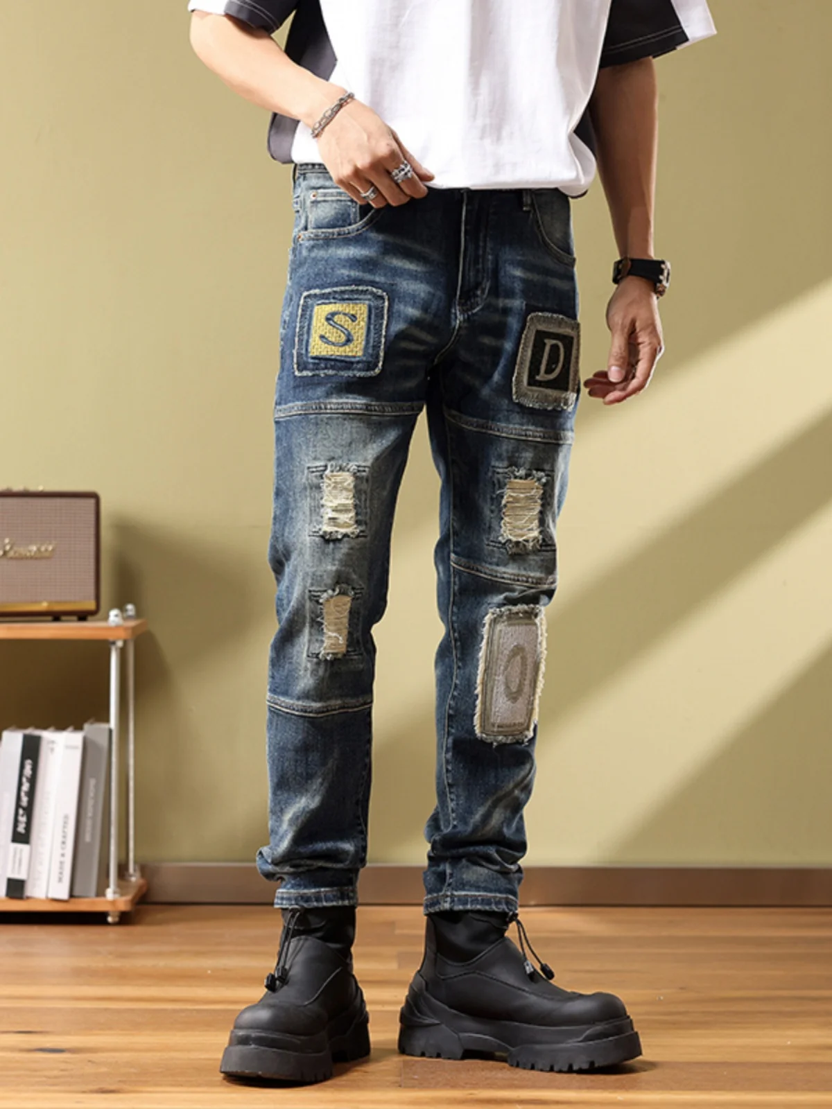 

Мужские джинсы из ретро-хлопка стрейч, зауженные, повседневные, с пэчворком и вышивкой, молодежные, износостойкие, прямого кроя, на молнии