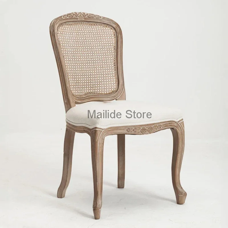 

European-style Solid Wood Carved Living Room Chairs Modern Home Furniture Retro Rattan Dining Chair Mesh Backrest Sofa Chair