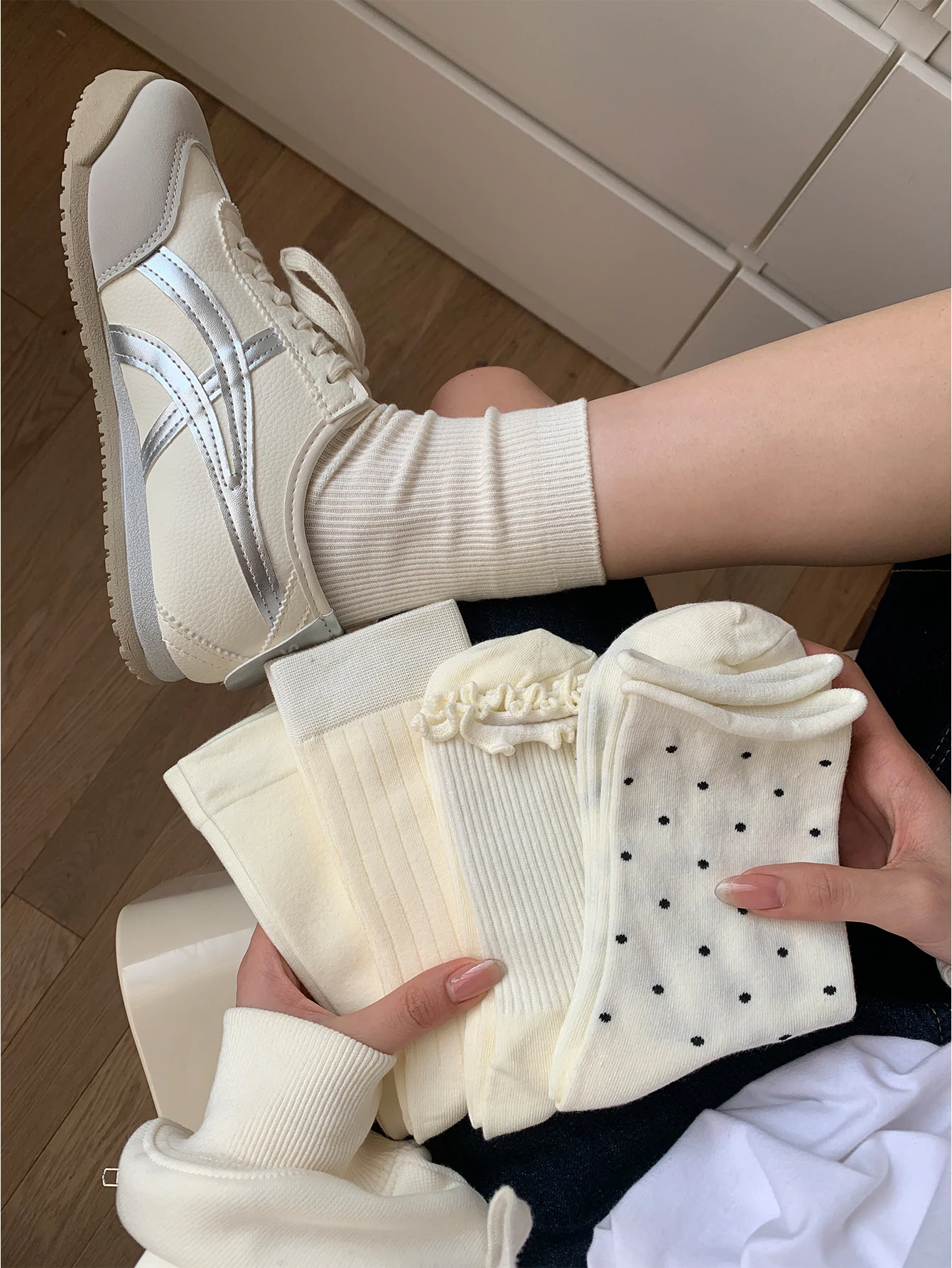 5 Pairs of Women's Mid-Calf Socks with Korean Design, Featuring Polka Dots and Vertical Stripes, in Milk Color, Postpartum Socks, Multi-Purpose Design