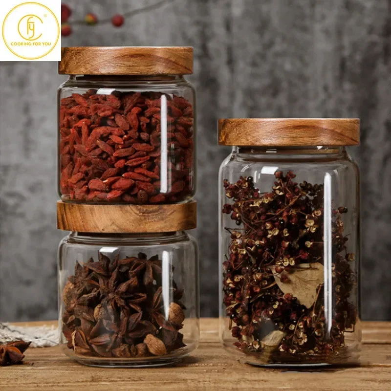 350/650/950/1250/1550ml Round Food Storage Glass Jar sealed with Wooden  Lid Coffee Beans Tea Grains noodles Snacks glass bottle