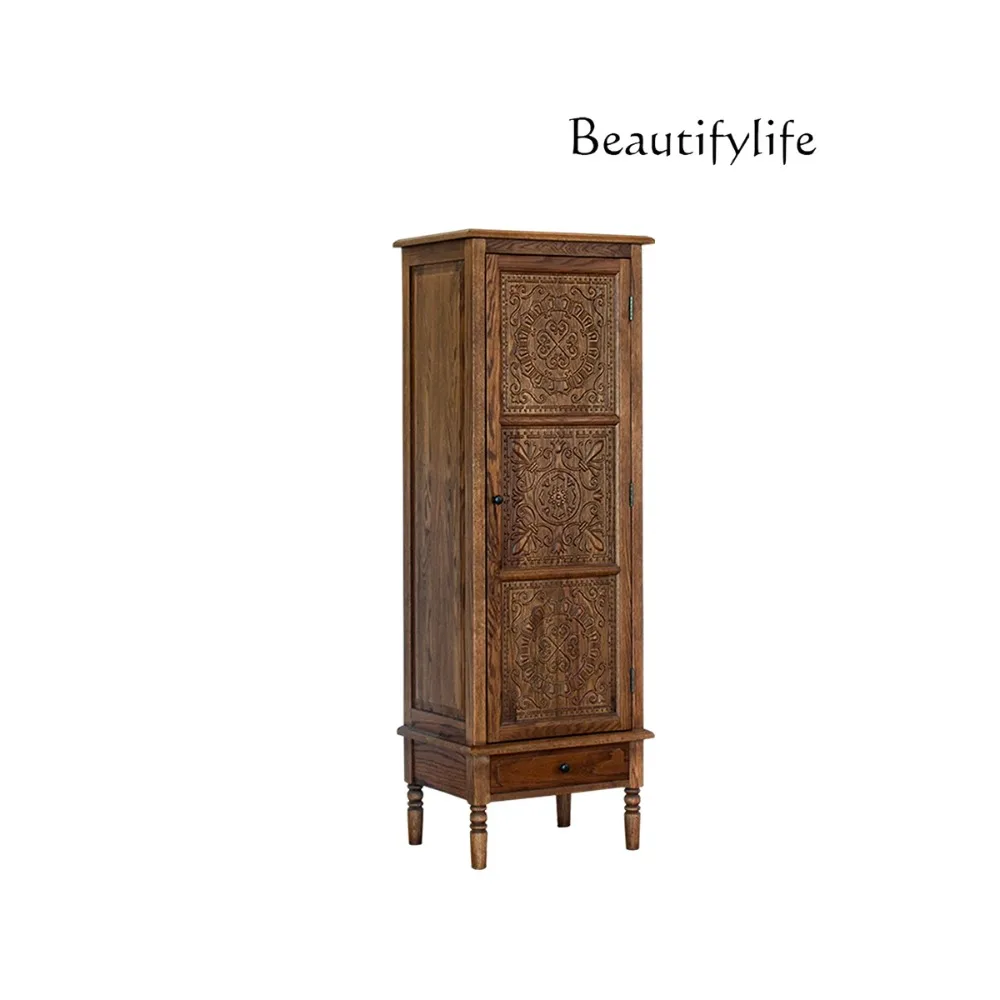 

American style solid wood carved high cabinet, rustic retro style storage cabinet