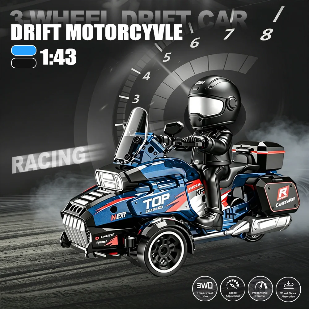 1:43 Scale RC Drift Motorcycle, 3-Wheel Remote Control Stunt Motorbike with 1 Rider Figure