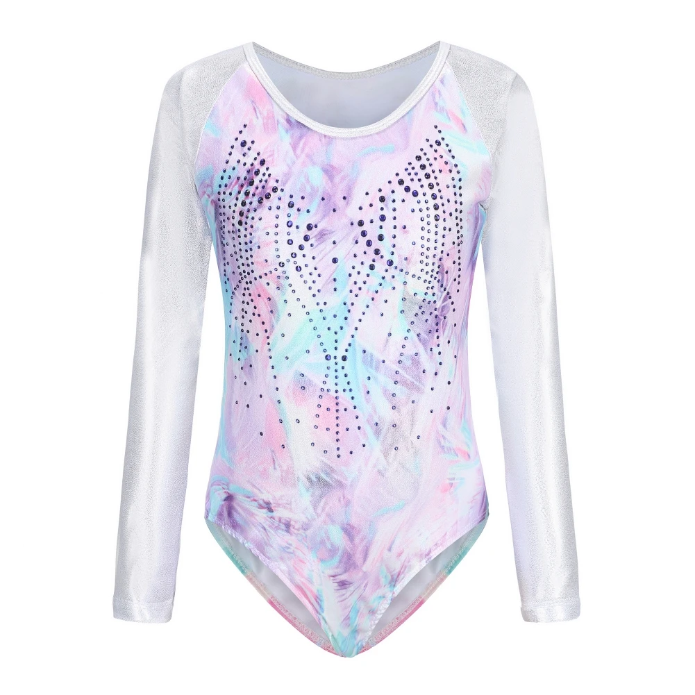 Girls\' Long Sleeve Ballet Gymnastics Leotard High Stretch Gradient Print Sparkly Tumbling Dancewear Bodysuit For 5-12 Years