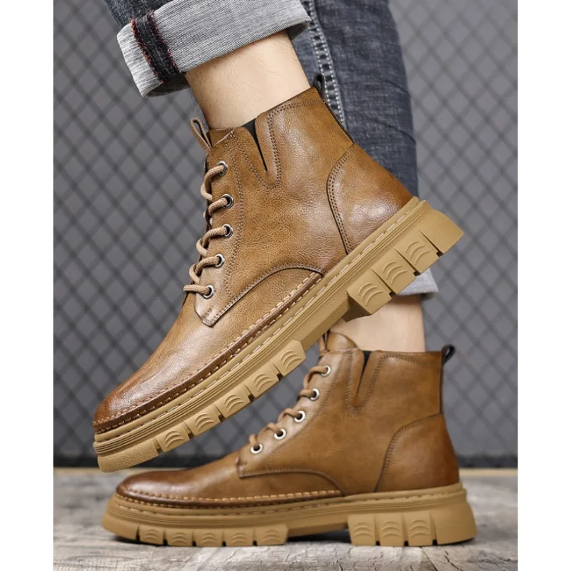 Otoño Invierno botines de cuero de vaca para hombres nuevo diseñador plataforma zapatos de algodón hombre moda Casual botas de trabajo de suela blanda hombre