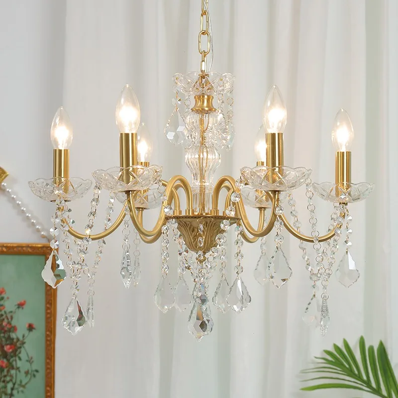 Medieval Crystal Lamp, American Candle Pendant Lamp, French Palace Pendant Lamp, Bedroom, Living Room, All Copper Crystal Lamp