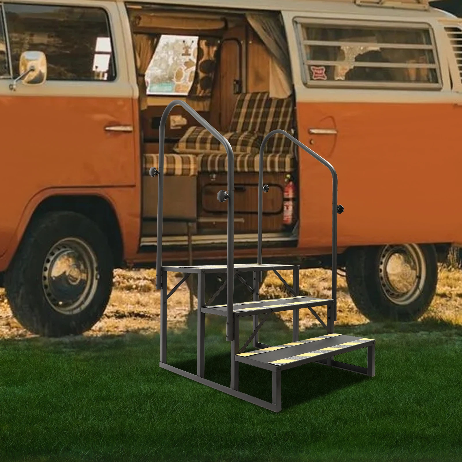 Gradini per camper neri con corrimano Scala per rimorchio da viaggio a 3 livelli Scala mobile pieghevole per casa Passo in acciaio resistente per camper Portico Spa